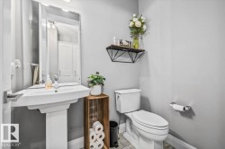 Main floor powder bathroom near the garage, featuring a pedestal sink with a rectangular basin, chrome faucet, and a large wall-mounted mirror - 