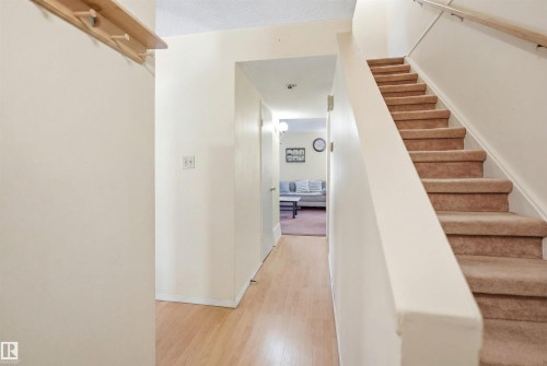 Staircase featuring carpeted treads and a wooden handrail - 17 Lakewood Village, Edmonton, AB 