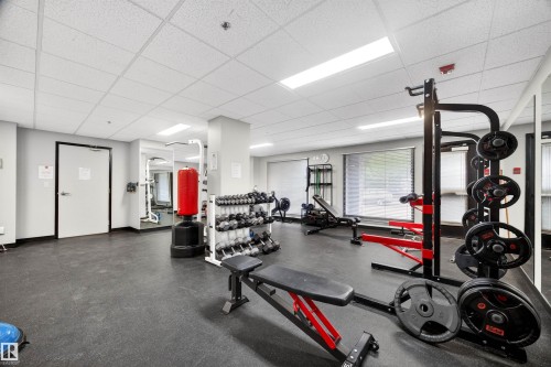 Fitness center featuring rubber flooring and drop ceiling with integrated fluorescent lighting - 304 10116 80 Avenue, Edmonton, AB 