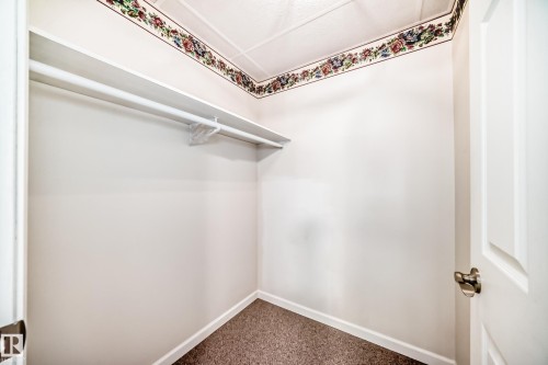 Carpeted closet with wall-mounted shelving and clothing rod, featuring white baseboards and floral border trim - 50 303 Twin Brooks Drive Nw, Edmonton, AB 