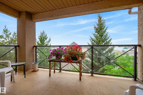 Private outdoor balcony featuring a concrete floor, wood-finish ceiling, and a metal and glass railing - 413 8912 156 Street Nw, Edmonton, AB 