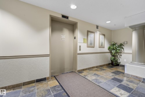 Building hallway featuring a slate tile floor, textured wainscoting, decorative wall art, and an elevator - 413 8912 156 Street Nw, Edmonton, AB 