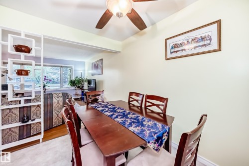 Dining area featuring a wood-finish dining table with six coordinating chairs, a ceiling fan with light fixture, and an open architectural divider - 8006 159 Street, Edmonton, AB 
