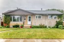 Ranch-style residence featuring a prominent front lawn with a concrete walkway, a light brick facade, and a textured stucco exterior - 8006 159 Street, Edmonton, AB 
