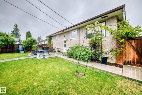 Expansive backyard featuring a lush lawn, concrete patio, and mature perimeter fencing - 8006 159 Street, Edmonton, AB 