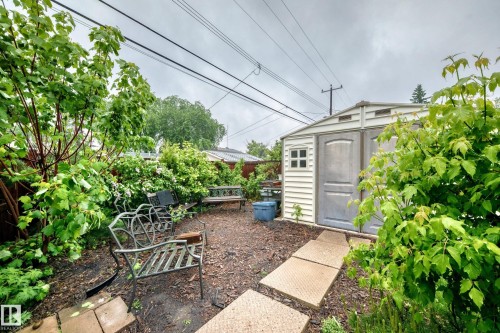 Private backyard space featuring a storage shed with double doors and window, surrounded by mature greenery and established trees - 8006 159 Street, Edmonton, AB 