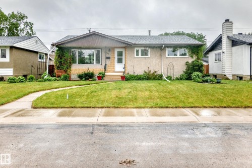 Split-level residence featuring a prominent front lawn and a concrete sidewalk leading to the main entrance - 8006 159 Street, Edmonton, AB 