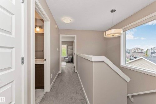 Upper-level hallway featuring neutral wall paint, gray carpeting, and white trim - 22124 85 Avenue, Edmonton, AB - Indoor Photo Showing Other Room