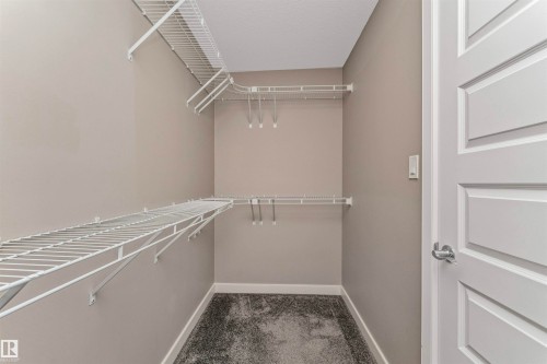 Walk-in closet with multi-level wire shelving, wire hanging rods, neutral wall paint, gray textured carpeting, and white baseboards - 22124 85 Avenue, Edmonton, AB - Indoor With Storage