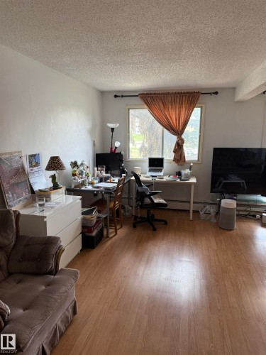 Wood-finish flooring throughout, complemented by a large window with natural light, and smooth white walls - 225 4404 122 Street, Edmonton, AB 