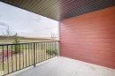 Concrete patio with a black metal railing and horizontal siding - 215 1510 Watt Drive, Edmonton, AB 