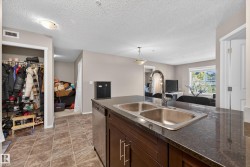 Kitchen island with a double stainless steel sink, gooseneck faucet, and dark stone countertop - 