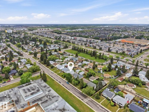 Aerial perspective of a residential neighborhood with established homes and mature trees - 13316 136 Avenue, Edmonton, AB 