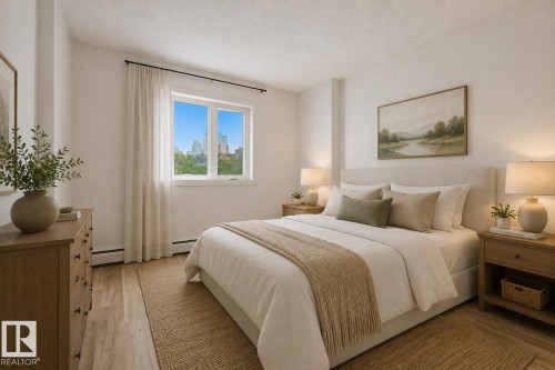 Bedroom featuring wood-finish flooring, a contemporary window, and neutral wall finishes - 703 9710 105 Street, Edmonton, AB 