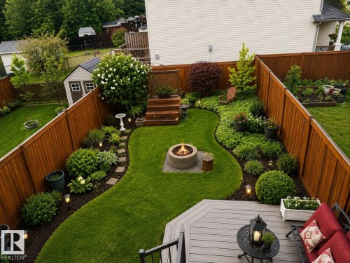 Expansive backyard featuring a curved lawn, a built-in fire pit, and mature perimeter landscaping - 102 Hartwick Loop, Spruce Grove, AB 