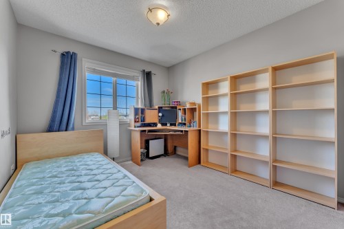 Carpeted room featuring a large window, three built-in shelving units, and a ceiling-mounted light fixture - 14031 136 Street, Edmonton, AB 