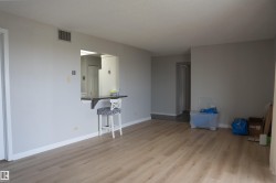 Spacious room featuring wood-finish flooring, light grey wall paint, and white baseboards - 