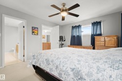 Bedroom featuring a ceiling fan with integrated lighting, a window with dark curtains, and light-toned carpet - 