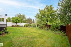 Expansive backyard featuring a large grass lawn, mature trees, and a privacy fence - 