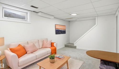Carpeted living space featuring a drop ceiling, white walls, and a window - 20C Callingwood Court, Edmonton, AB - Indoor Photo Showing Living Room