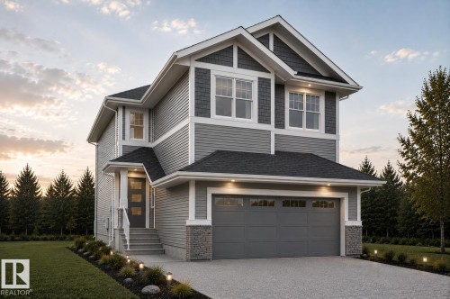 Contemporary home with a gabled roofline, gray siding, and stone accents - 50 Chartres Close, St. Albert, AB 
