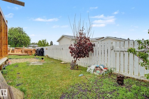 Grassed backyard featuring a white picket fence and mature landscaping - 242 Northmount Drive, Wetaskiwin, AB 