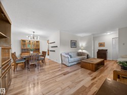 Open-concept living area with wood-finish flooring - 