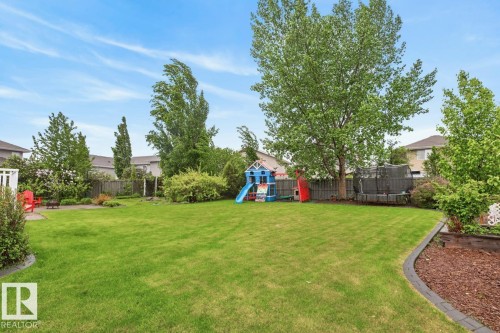 Large South Facing Backyard Space (1259 m@ / 0.31 Acres) featuring Apple Trees, Pear Trees, Cherry Trees, Berry Bushes, Irrigation System, Fire Pit, and Fountain - 5016 213 Street, Edmonton, AB 
