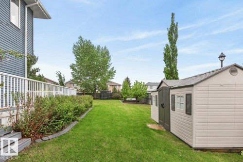 Large South Facing Backyard Space (1259 m@ / 0.31 Acres) featuring Apple Trees, Pear Trees, Cherry Trees, Berry Bushes, Irrigation System, Fire Pit, and Fountain - 5016 213 Street, Edmonton, AB 