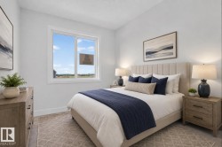 Light-filled bedroom featuring a large window, neutral wall paint, and carpet flooring - 