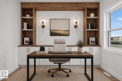 Built-in wood-finish shelving and cabinetry - 