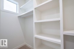 Walk-in closet with built-in shelving, hanging rod, high window, and neutral carpet - 
