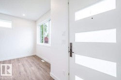 Contemporary entry door with frosted glass panels, matte black hardware, and crisp white trim - 