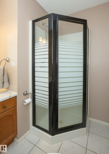Corner shower enclosure featuring dark framing and frosted glass panels - 10739 109 Avenue, Westlock, AB 