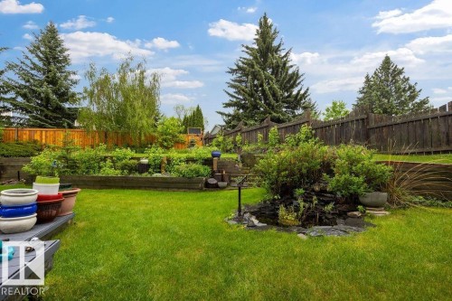 Expansive green lawn featuring mature evergreen trees and a variety of established plantings. Photo taken in prior years when yard is in full bloom. - 31 Wentworth Crescent, St. Albert, AB - Outdoor With Backyard