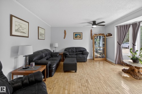 Living area featuring wood-finish flooring, a ceiling fan, and crown molding - 110 52308 Rr 214, Rural Strathcona County, AB 