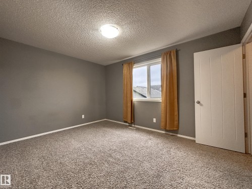Carpeted room featuring neutral gray walls, a flush-mount ceiling light, and a white interior door with vertical paneling - 9432 211 Street, Edmonton, AB 