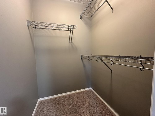 Walk-in closet featuring wire shelving, hanging rods, light neutral walls, and a textured carpeted floor - 9432 211 Street, Edmonton, AB 