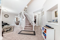 Foyer featuring a carpeted staircase with white railings, a recessed wall niche, an overhead flush-mount light fixture, and textured ceilings - 