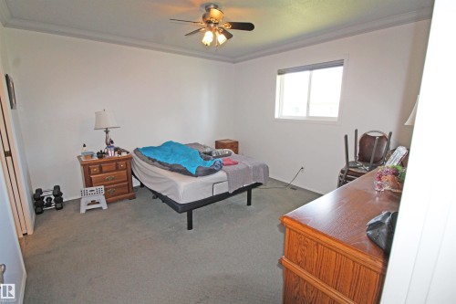 Carpeted room featuring a ceiling fan with integrated lighting, crown molding, and a window with a white frame - 334 7001 Northview Drive, Wetaskiwin, AB - Indoor Photo Showing Bedroom
