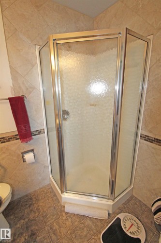 Corner shower enclosure with frosted glass panels and chrome framing - 334 7001 Northview Drive, Wetaskiwin, AB - Indoor Photo Showing Bathroom