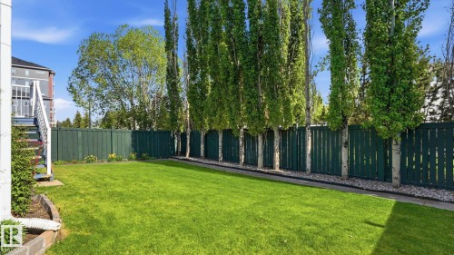Expansive backyard featuring a manicured lawn, full-height privacy fencing, and a row of mature trees - 856 Graham Wynd, Edmonton, AB 