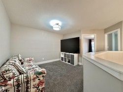 Carpeted room featuring a ceiling-mounted light fixture, neutral wall paint, and white baseboards - 