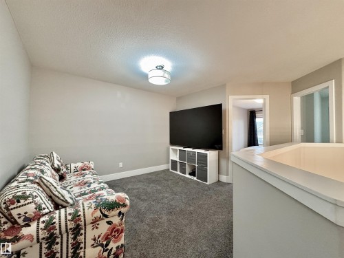 Carpeted room featuring a ceiling-mounted light fixture, neutral wall paint, and white baseboards - 3254 Allan Way, Edmonton, AB 