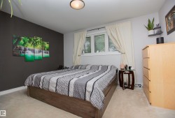 Carpeted bedroom with a window featuring drapes, a central overhead light fixture, and a feature wall - 