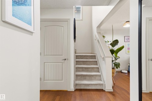 Staircase with carpeted treads and white painted risers, featuring a white balustrade and handrail - 14807 141 Street, Edmonton, AB 