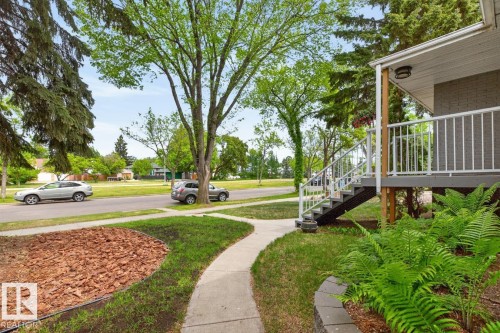 Front exterior featuring a concrete walkway, elevated porch with white railings, grey brick siding, and mature trees - 9815 68 Avenue, Edmonton, AB - Outdoor