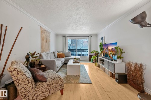 Living area featuring light wood-finish flooring, white walls, and crown molding - 303 10165 113 Street, Edmonton, AB - Indoor Photo Showing Living Room