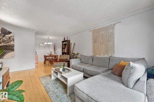 Spacious living area featuring light wood-finish flooring and crown molding - 303 10165 113 Street, Edmonton, AB - Indoor Photo Showing Living Room