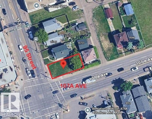 Aerial Map. Highlighting the location of the property at the intersection of 95 Street and 107A Avenue - 10737 95 Street, Edmonton, AB 